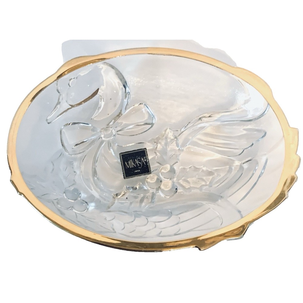 Mikasa Golden Goose Sweet Dish 6" Holly Berries Candy Glass Japan‎ WX038/502